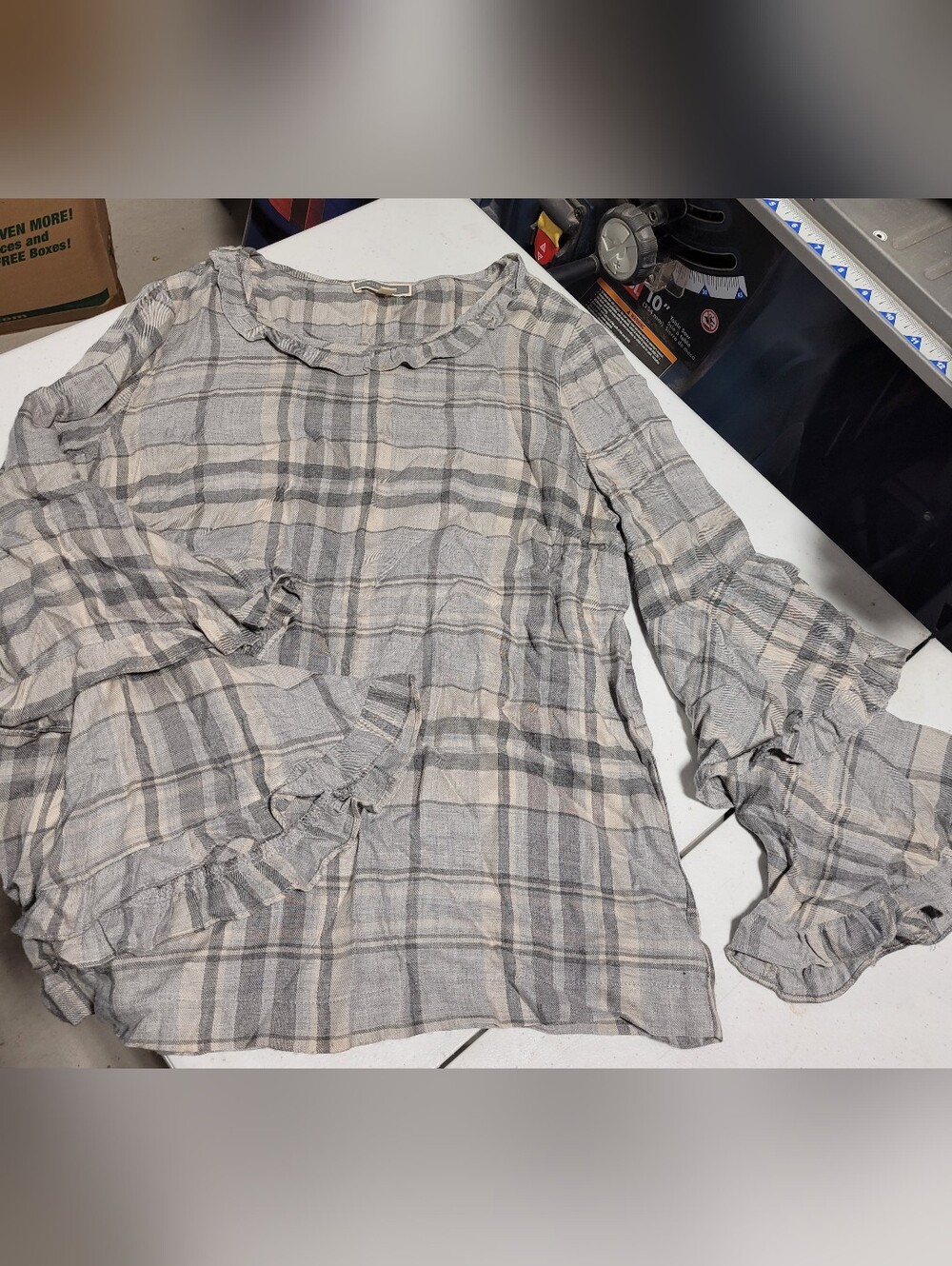 Pleione Gray and Cream Plaid Ruffle-Sleeve Blouse